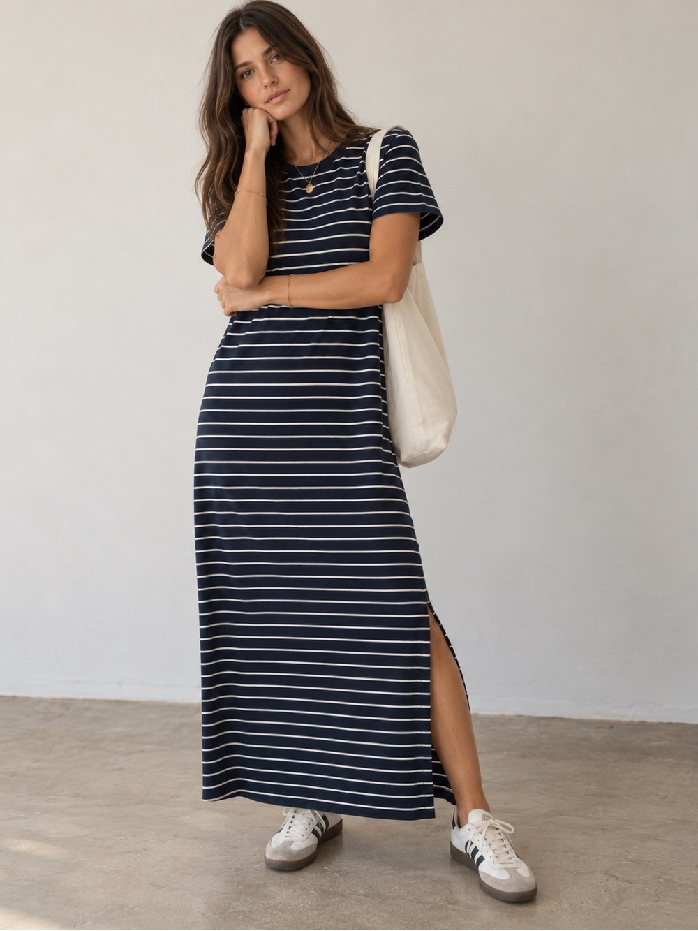 Pact Essential Favorite Navy Stripe Organic Cotton Maxi T-Shirt Dress S